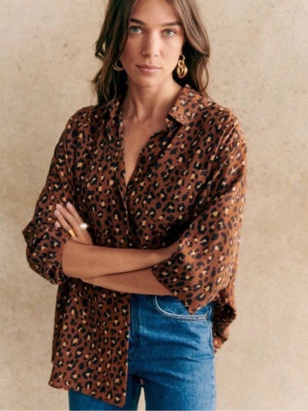 Sézane Max Leo Shirt size FR36 US 4 silk leopard animal button up blouse Chic